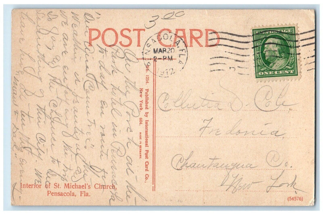 1912 Interior of St. Michael's Church Pensacola Florida FL Posted Postcard
