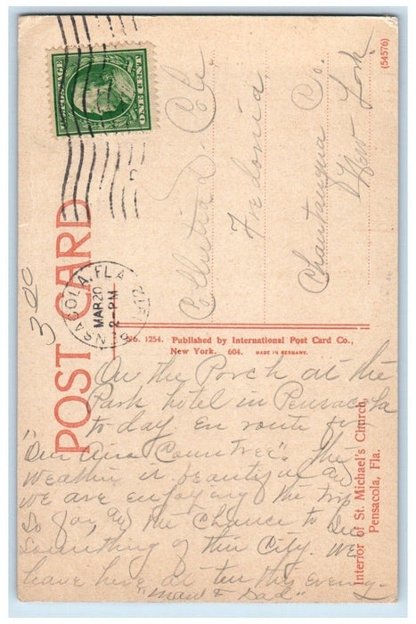 1912 Interior of St. Michael's Church Pensacola Florida FL Posted Postcard