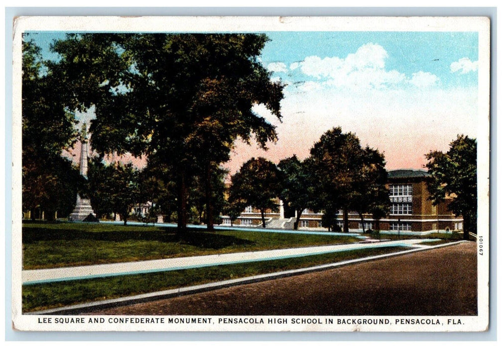1928 Lee Square and Confederate Monument Pensacola High School FL Postcard