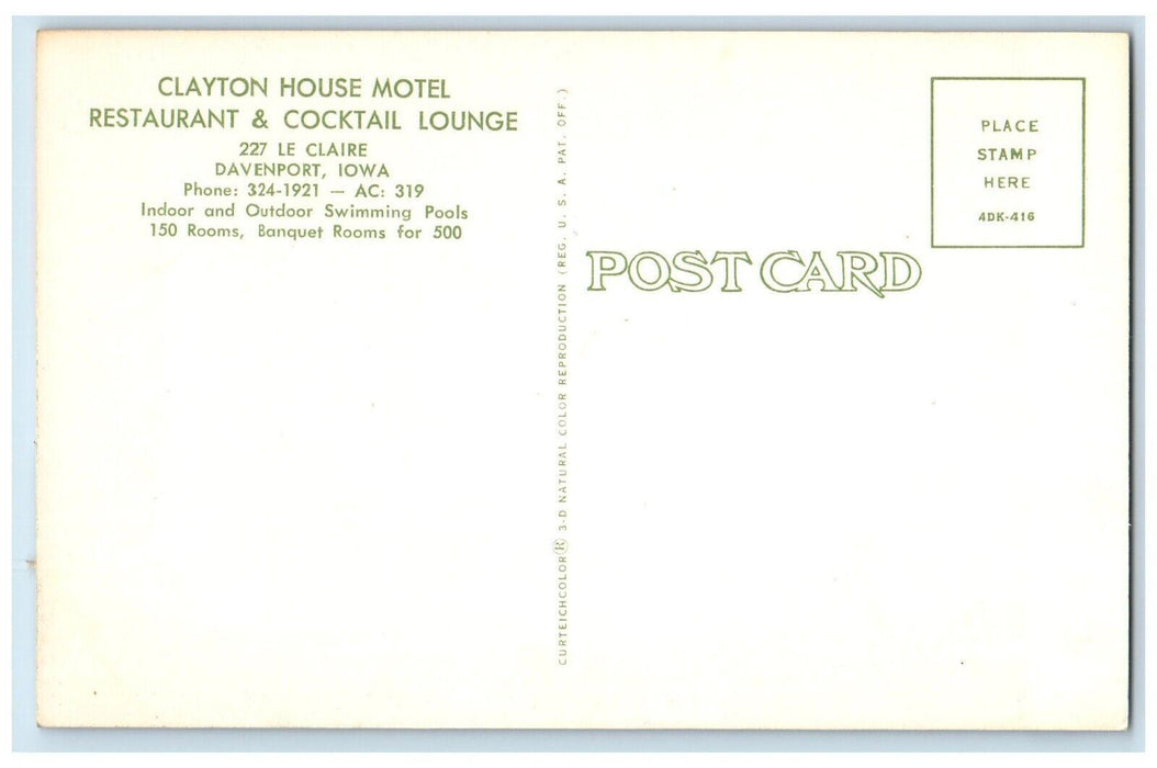 c1910 Clayton House Motel Restaurant Cocktail Lounge Davenport Iowa IA Postcard