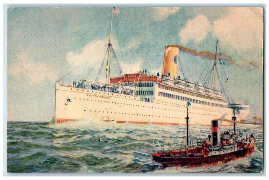 c1910 T.S. Drottningholm Swedish American Line Steamer Cruise Ship Sea Postcard
