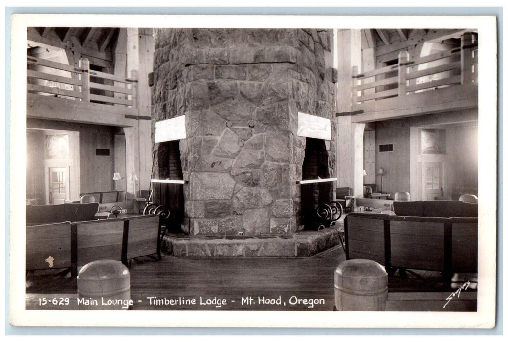 c1940's Main Lounge Timberline Lodge Mt. Hood Oregon OR RPPC Photo Postcard