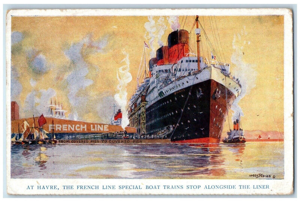 c1910 Havre French Line Special Boat Trains Stop Alongside Liner Ship Postcard