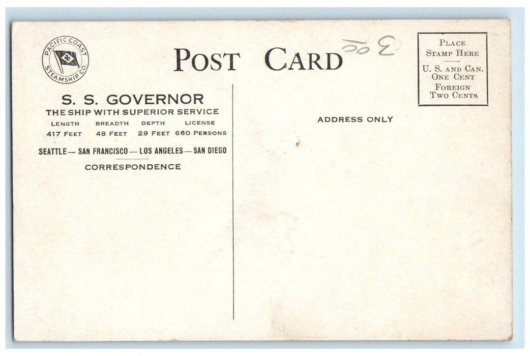 c1910 S.S. Governor Pacific Coast Steamship Superior Service San Diego Postcard