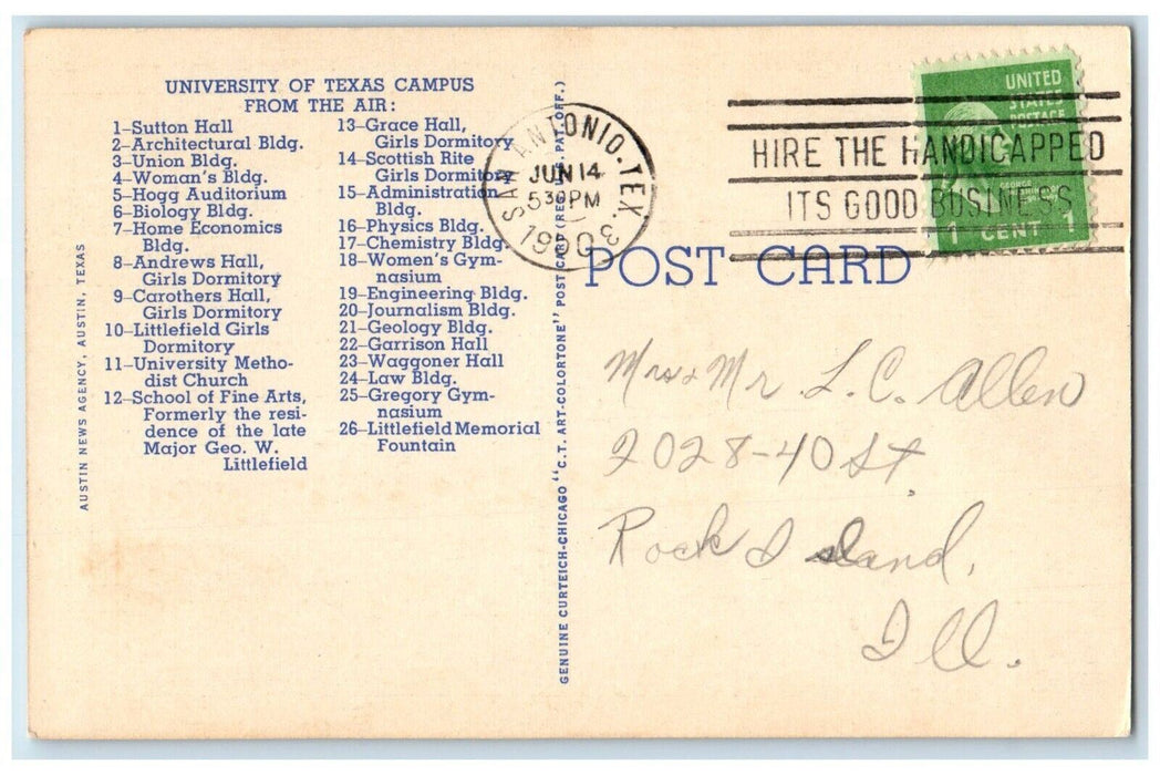 1950 Aerial View University Texas Map Austin San Antonio Texas Vintage Postcard