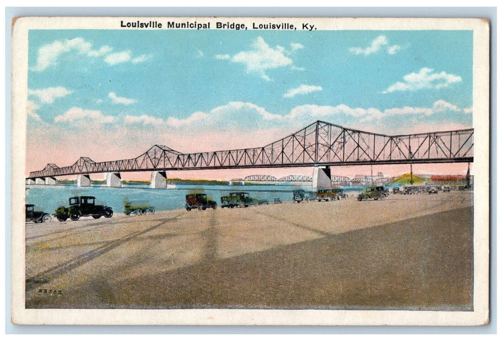 View Of Louisville Municipal Bridge Cars Scene Kentucky KY Vintage Postcard