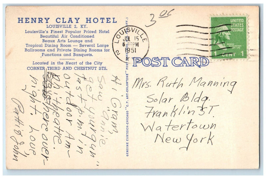 1951 Henry Clay Hotel Dining Restaurant Lounge Louisville KY Dual View Postcard