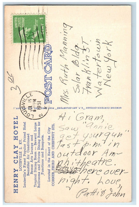 1951 Henry Clay Hotel Dining Restaurant Lounge Louisville KY Dual View Postcard