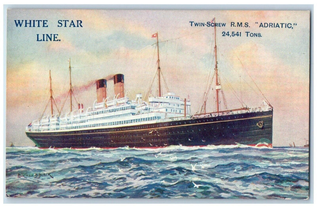 1910 White Star Line Twin-Screw R.M.S Adriatic Steamer Cruise Ferry Sea Postcard
