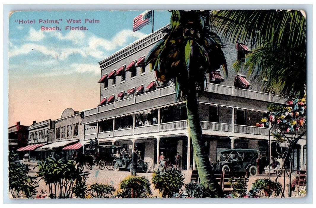 1917 US Flag Cars Hotel Palms West Palm Beach Florida FL Antique Posted Postcard