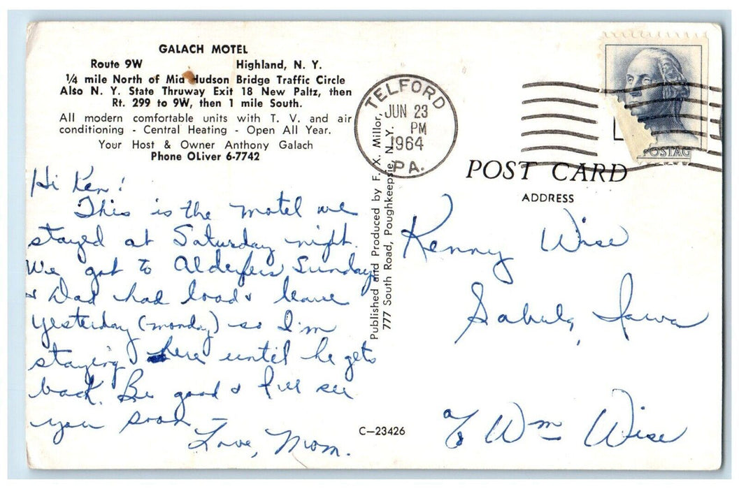 1964 Galach Motel All Modern Rooms at Highland New York NY Posted Postcard