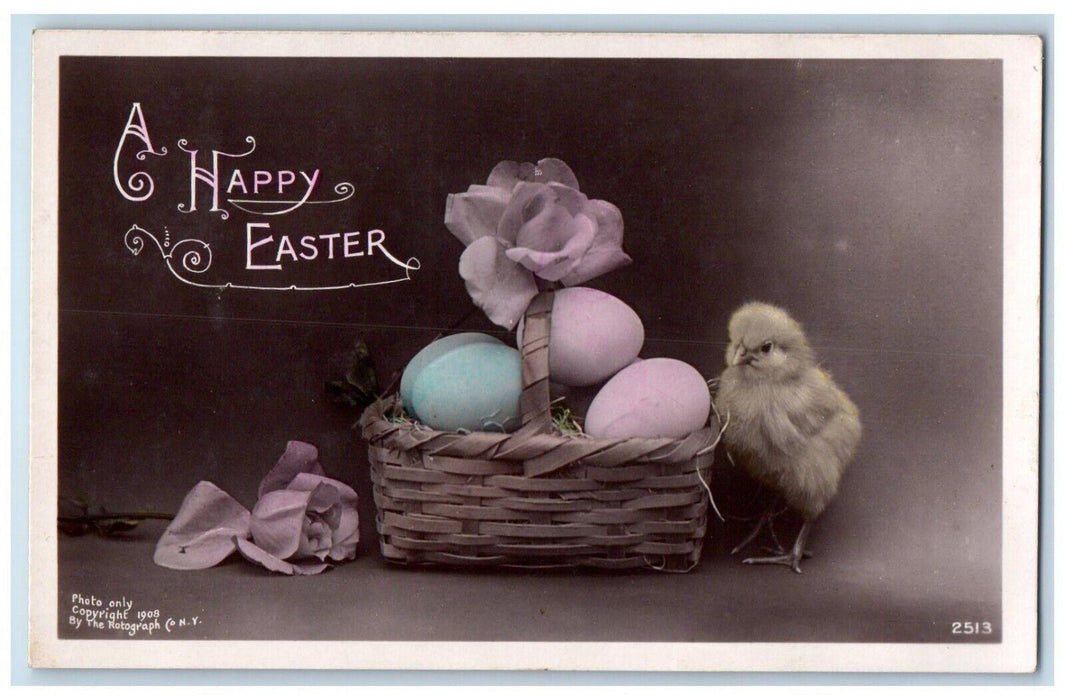 1909 Easter Egg In Basket Chick Rotograph Elwood Iowa IA RPPC Photo Postcard