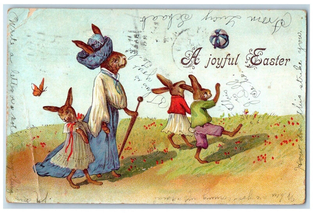 1908 Easter Anthropomorphic Rabbit Playing Ball Rock Island IL Antique Postcard