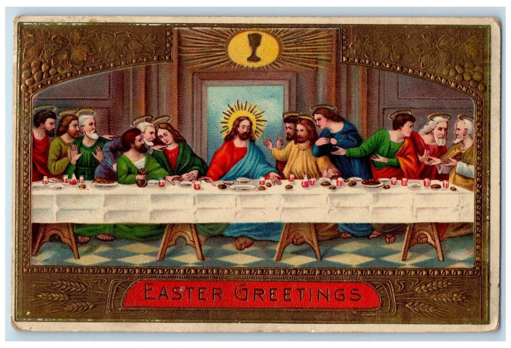 1912 Easter Greetings Last Supper Gel Gold Gilt Andover IA Antique Postcard