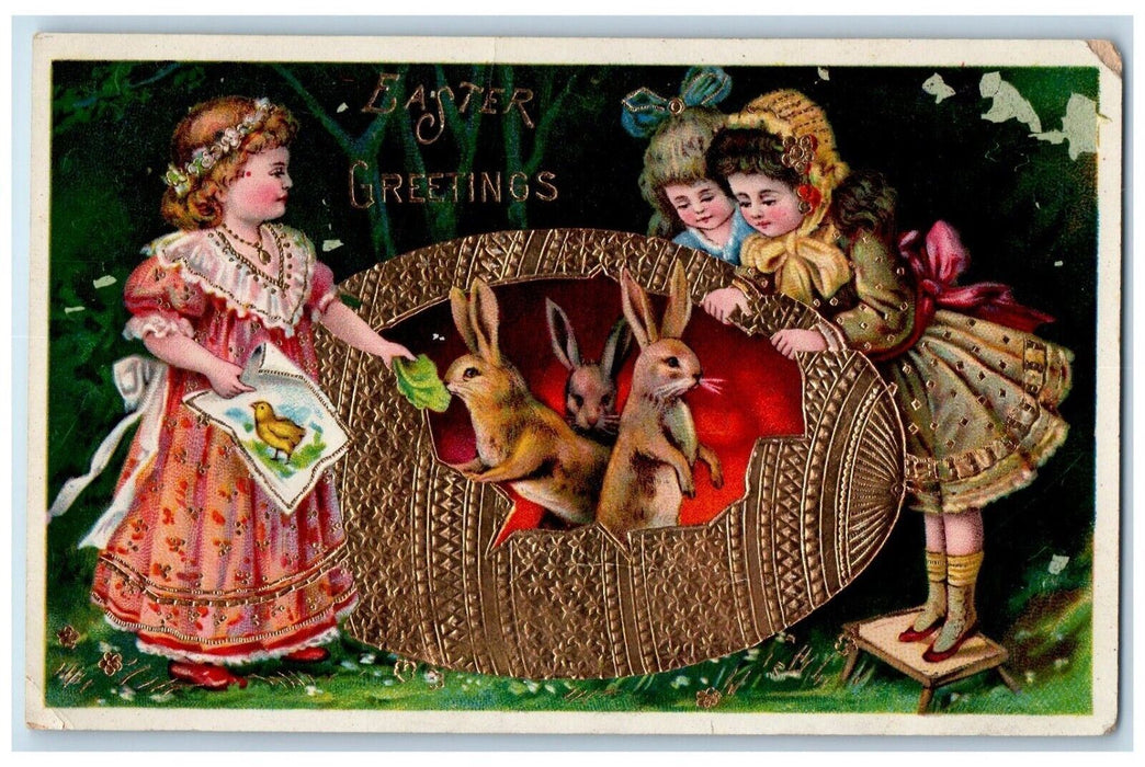 Easter Greetings Children Feeding Rabbit In Hatched Egg Gel Gold Gilt Postcard