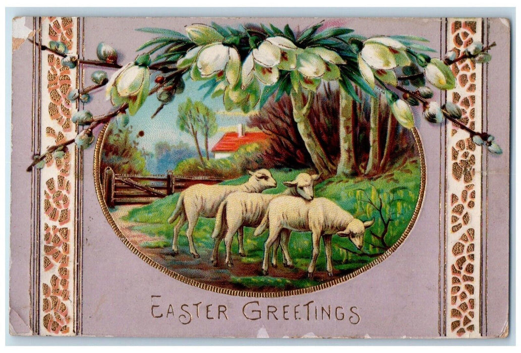 1914 Easter Greetings Lamb Pipe Berry Flowers Gel Gold Gilt Embossed Postcard