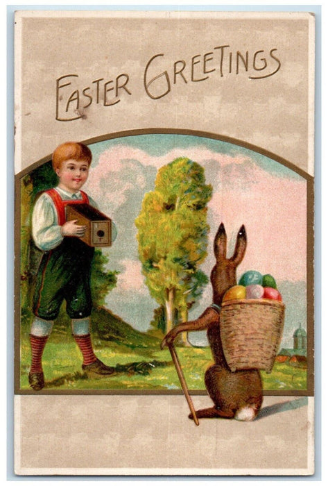 1911 Easter Greetings Boy Photo Camera Rabbit Basket Eggs Gel Gold Gilt Postcard