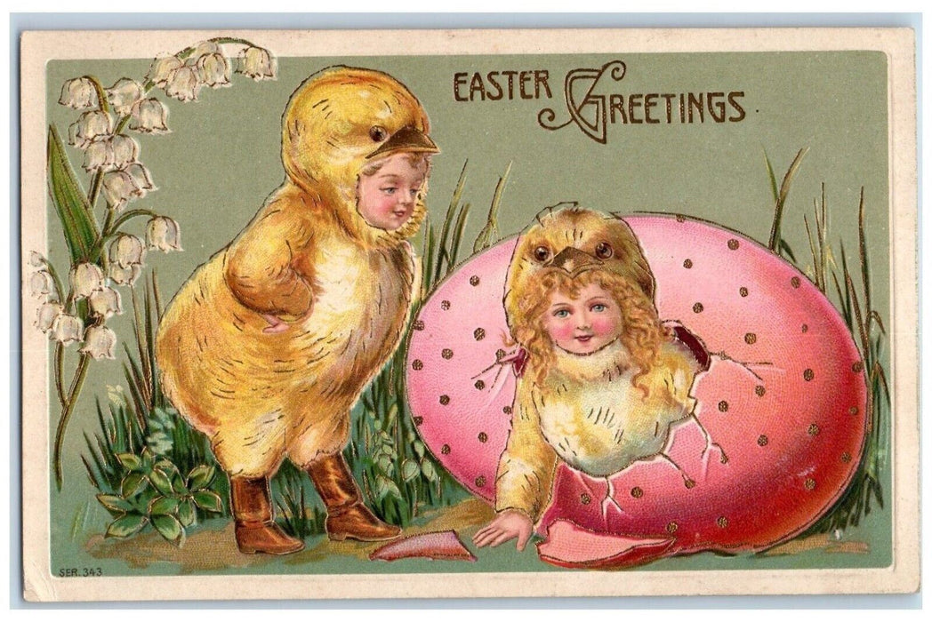 1911 Easter Greetings Children Chick Costume Hatched Egg Embossed Postcard