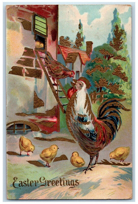 1911 Easter Greetings Rooster Chicken Hen Chicks Ladder Gel Gold Gilt Postcard