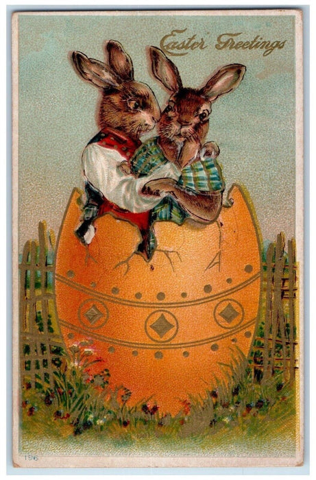 c1910's Easter Greetings Anthropomorphic Rabbit Hatched Egg Embossed Postcard