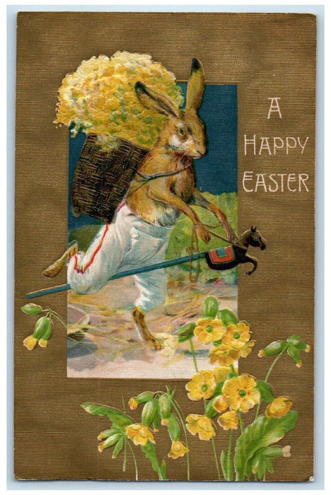 Easter Anthropomorphic Rabbit Flowers Basket Hobby Horse Winsch Back Postcard
