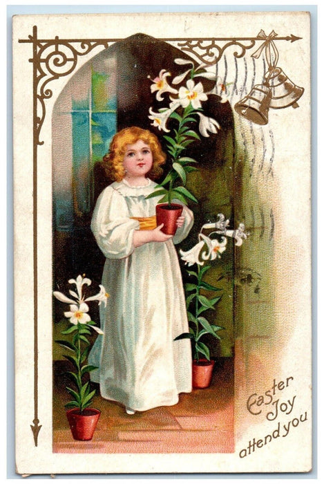 1909 Easter Girl Lily Flowers In Pot Bells Clapsaddle Omaha Nebraska NE Postcard