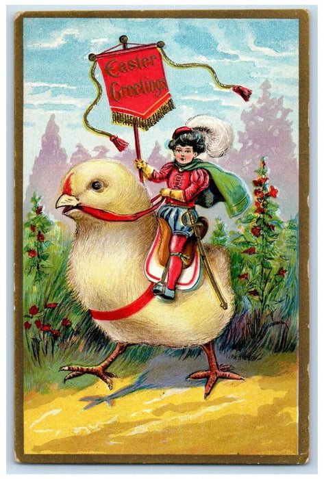 1912 Easter Greetings Child Riding Giant Chick Sword Embossed Antique Postcard