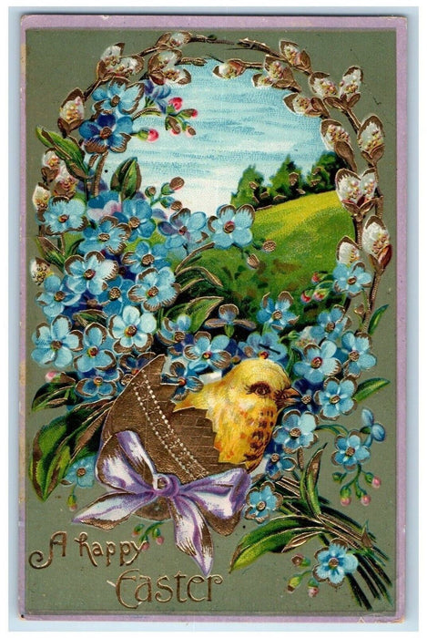 c1910's Happy Easter Chick Hatched Egg Pansies Pipe Berry Gel Gold Gilt Postcard