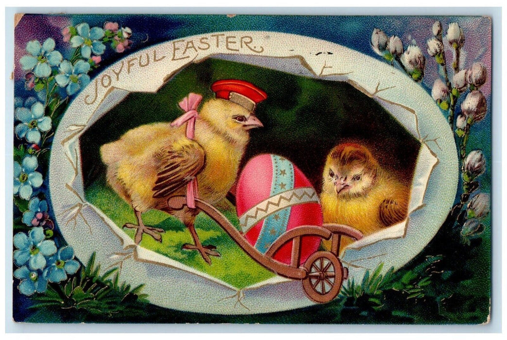Easter Hatched Egg Anthropomorphic Chick Railroad Worker Pansies Berry Postcard