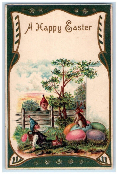 c1910's Easter Elves Gnomes Stealing Eggs Rabbit Embossed Antique Postcard