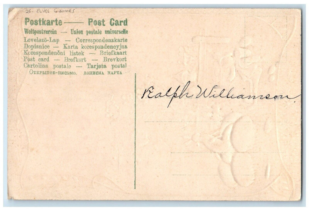 c1910's Easter Elves Gnomes Stealing Eggs Rabbit Embossed Antique Postcard