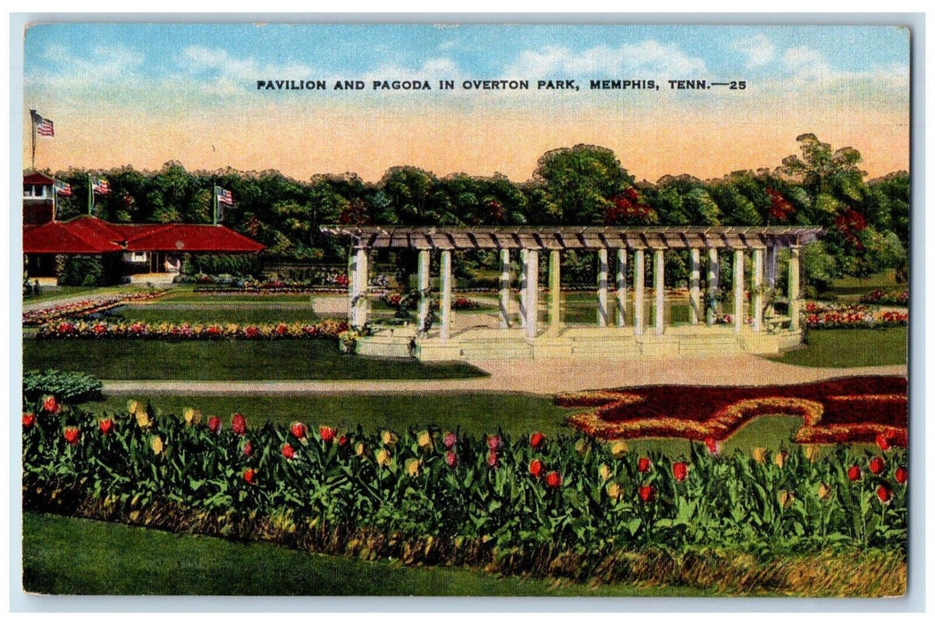 c1940 Pavilion Pagoda Overton Park Garden Memphis Tennessee TN Vintage Postcard