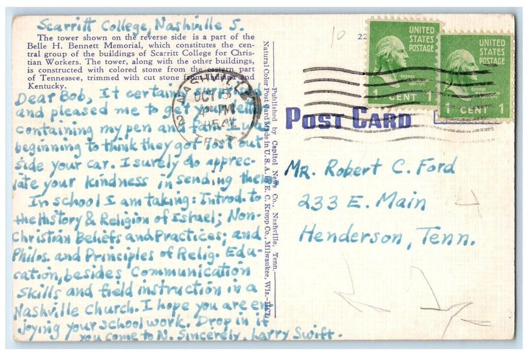 c1954 Tower Scarritt College Christian Workers Nashville Tennessee TN Postcard