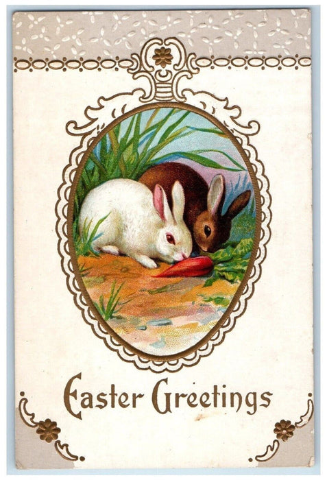 c1910's Easter Greetings Bunny Rabbit Eating Carrot Embossed Antique Postcard