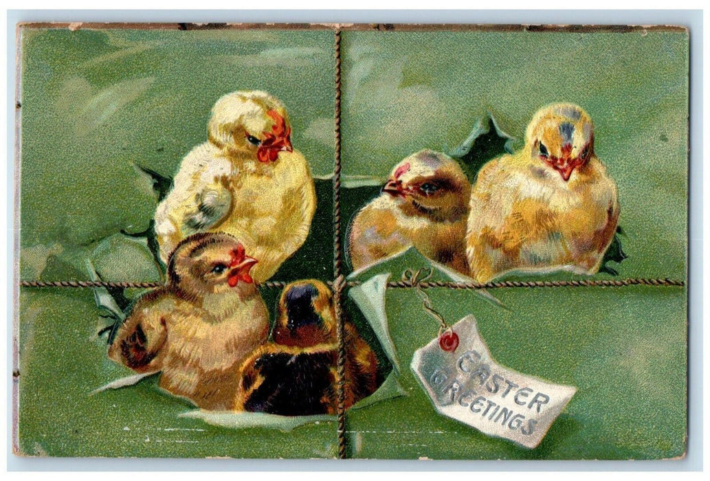 1908 Easter Greetings Chicks Rope Tuck's Davenport Michigan MI Antique Postcard