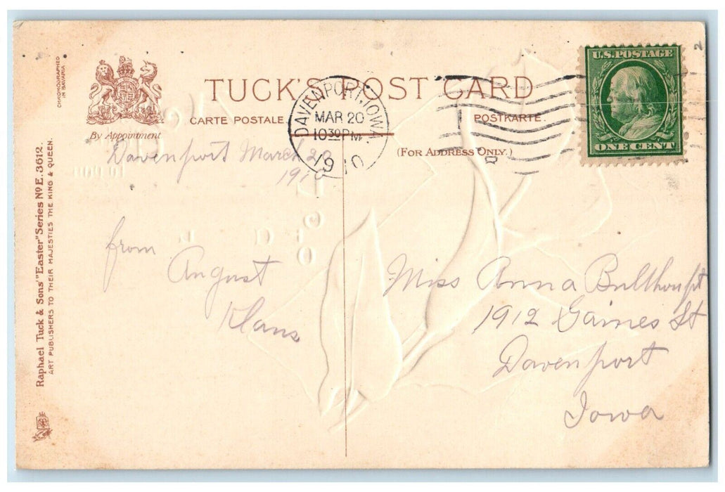 1910 Easter Cross Flower Tuck's Davenport Iowa IA Embossed Antique Postcard