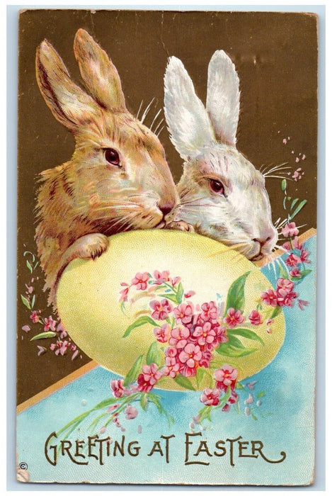 1914 Easter Greetings Rabbit Egg Flowers Embossed Freeport Illinois IL Postcard