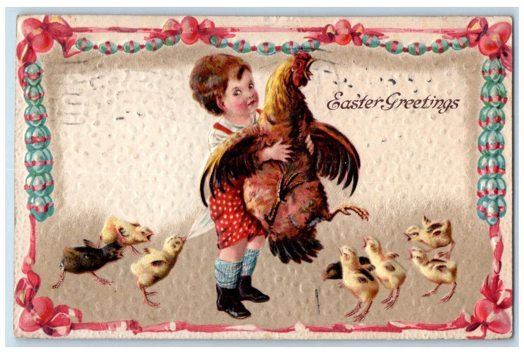 1914 Easter Greetings Boy Cached Chicken Chicks Embossed Freeport IL Postcard