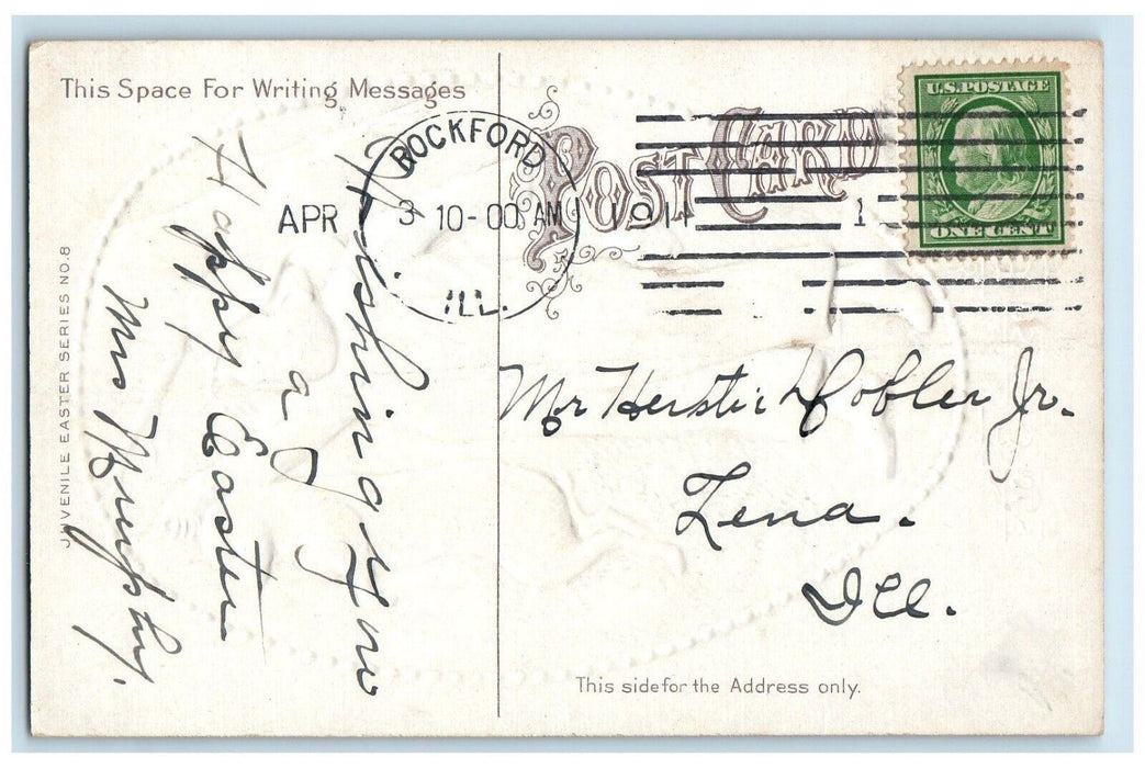 c1910's Easter Joys Boy Cached Rabbit Rockford Illinois IL Embossed Postcard