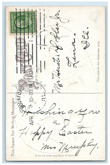 c1910's Easter Joys Boy Cached Rabbit Rockford Illinois IL Embossed Postcard