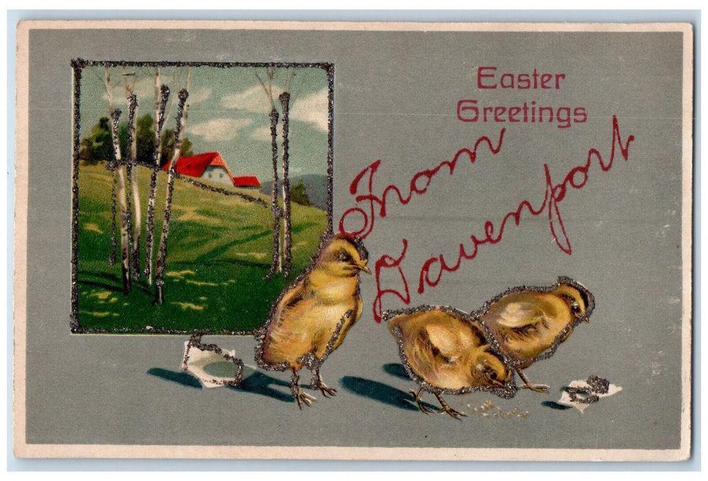 Easter Greetings From Davenport Iowa IA Embossed Airbrushed Antique Postcard