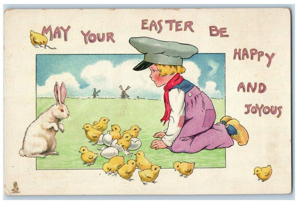 c1910's Easter Dutch Boy Hatched Eggs Chicks Rabbit Windmill Tuck's Postcard
