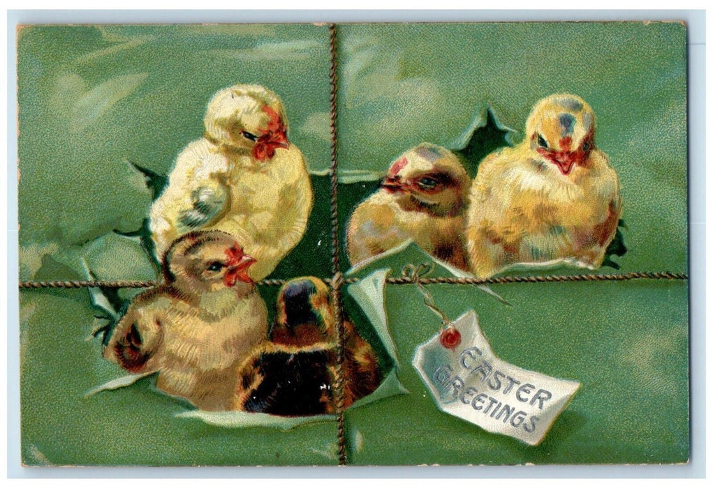 c1910's Easter Greetings Chicks Rope Embossed Tuck's Unposted Antique Postcard