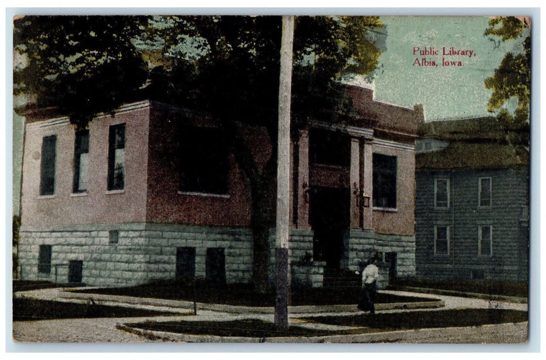 1914 View Of Public Library Sidewalk Scene Albia Iowa IA Antique Posted Postcard