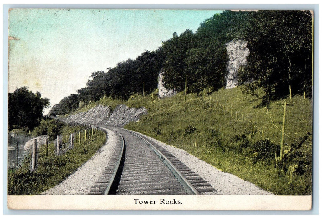 1914 View Of Tower Rocks Train Railroad Scene Preston Iowa IA Antique Postcard