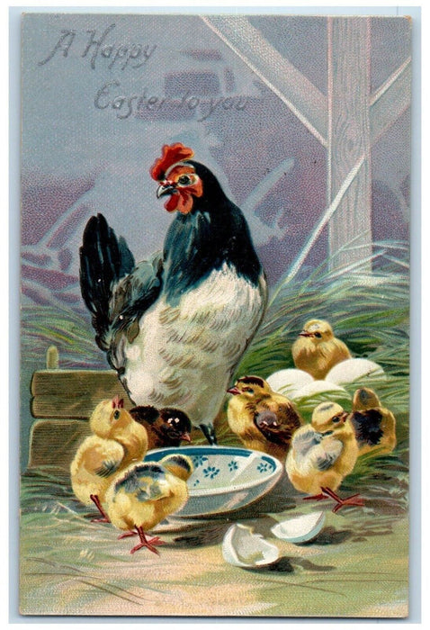 c1910's Easter Chicken Hen Hatched Egg Nest Embossed Tuck's Antique Postcard