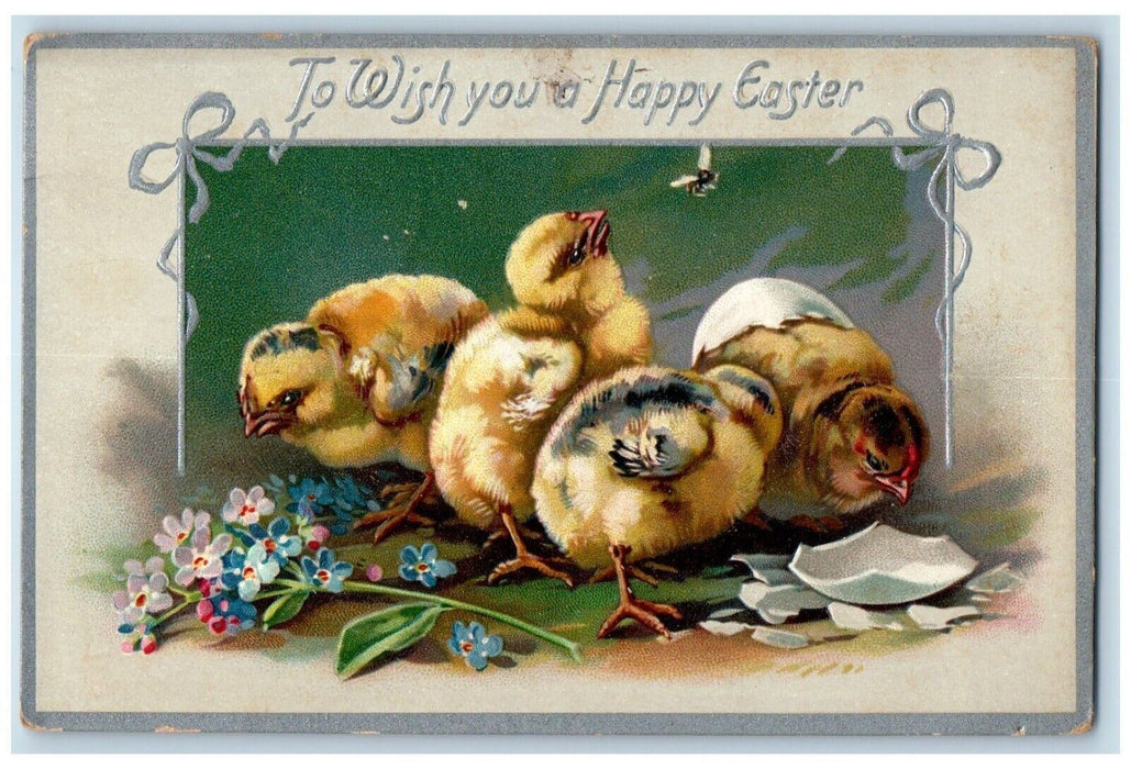 1912 Easter Chicks Bee Hatched Egg Pansies Flowers Tuck's Antique Postcard