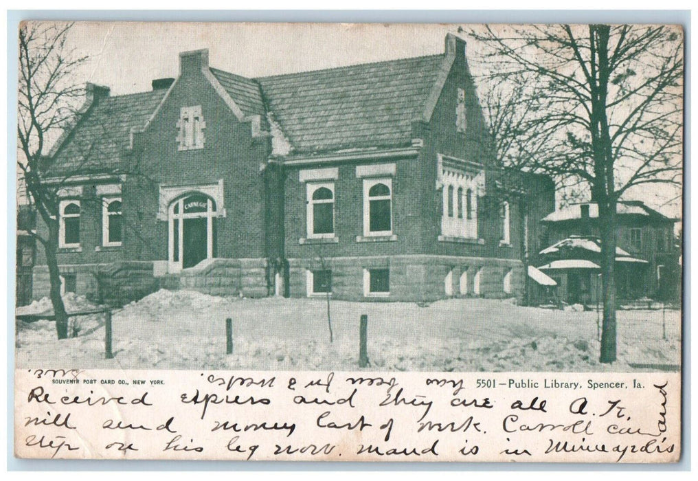 1905 View Of Public Library Winter Snow Scene Spencer Iowa IA Antique Postcard