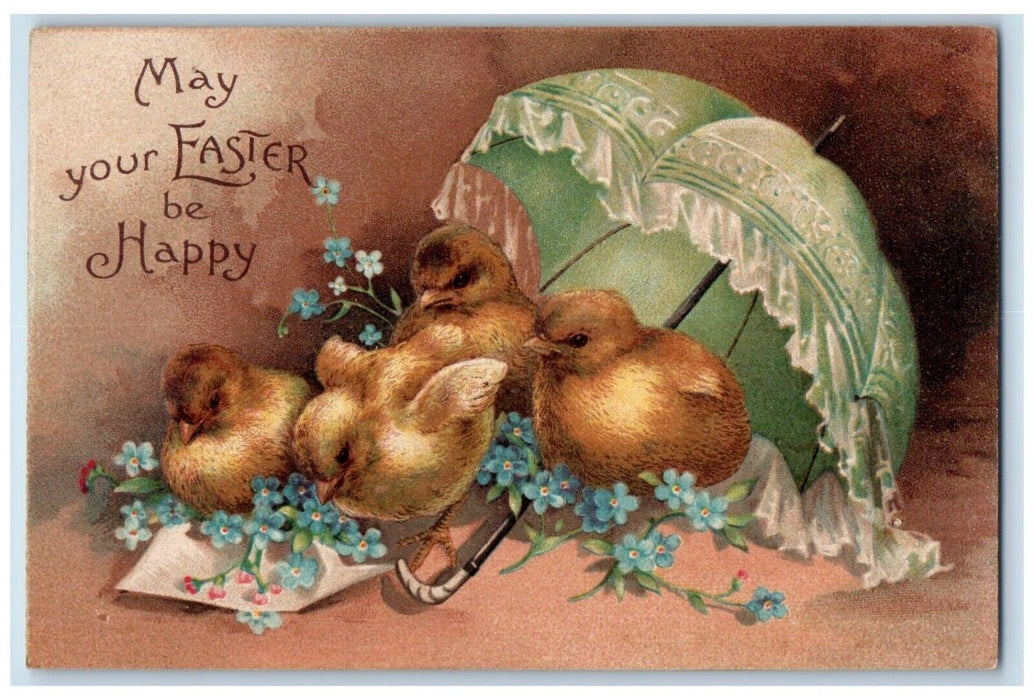 c1910's Happy Easter Chicks Umbrella Pansies Flowers Embossed Durand IL Postcard