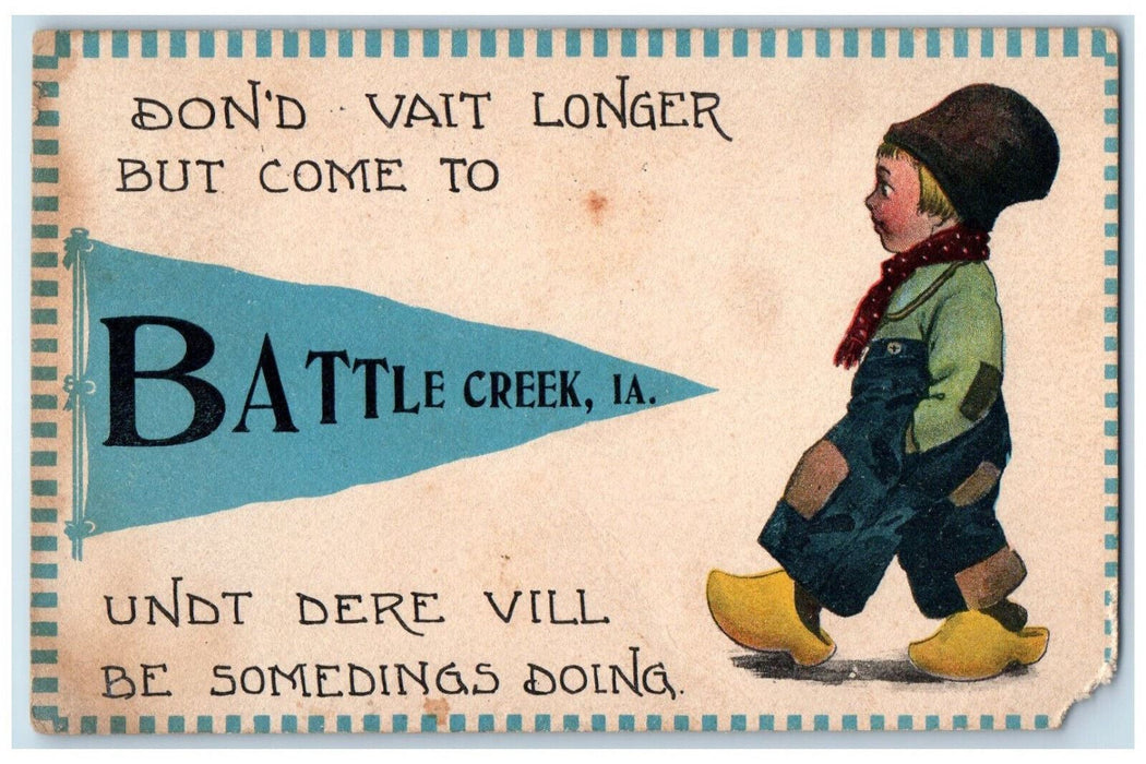 1913 Greetings From Battle Creek Iowa IA Letters Humor Pennant Antique Postcard